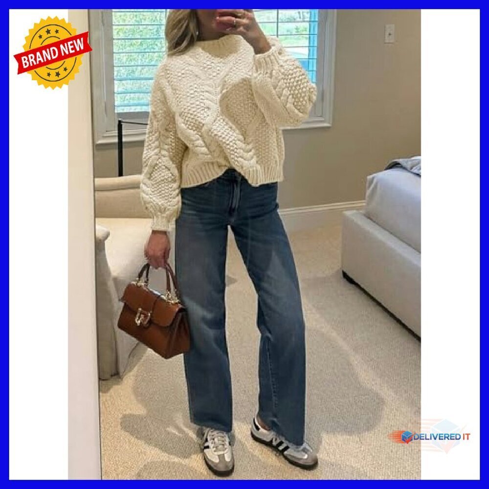 Chunky Cable Knit Cropped Sweater Loose Pullover Long Sleeve Crewneck - Picture 7 of 8